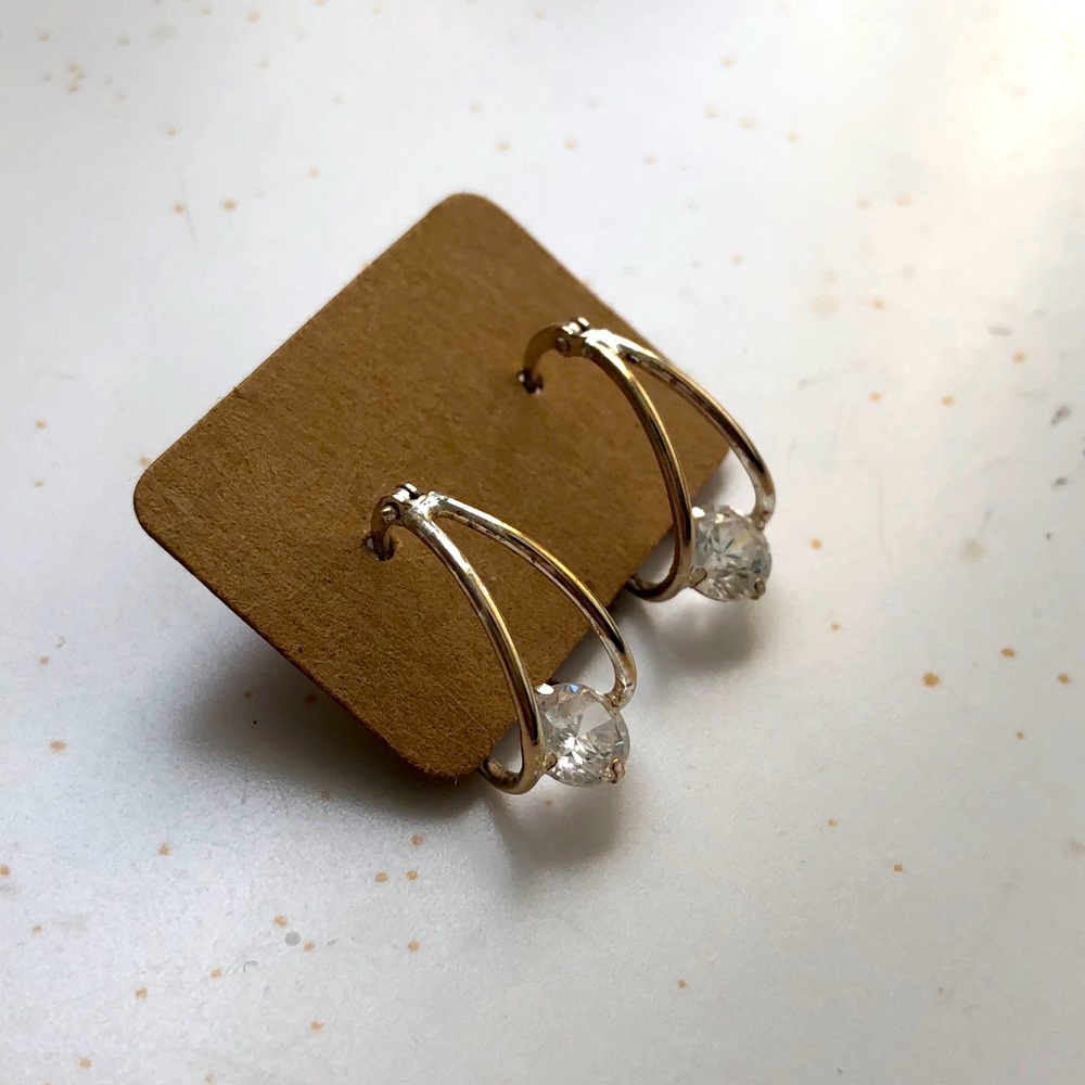 Silver Double Hoop Diamond Huggie Earrings